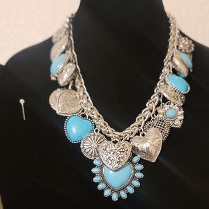 Silver and Turquoise Heart Charm Necklace
